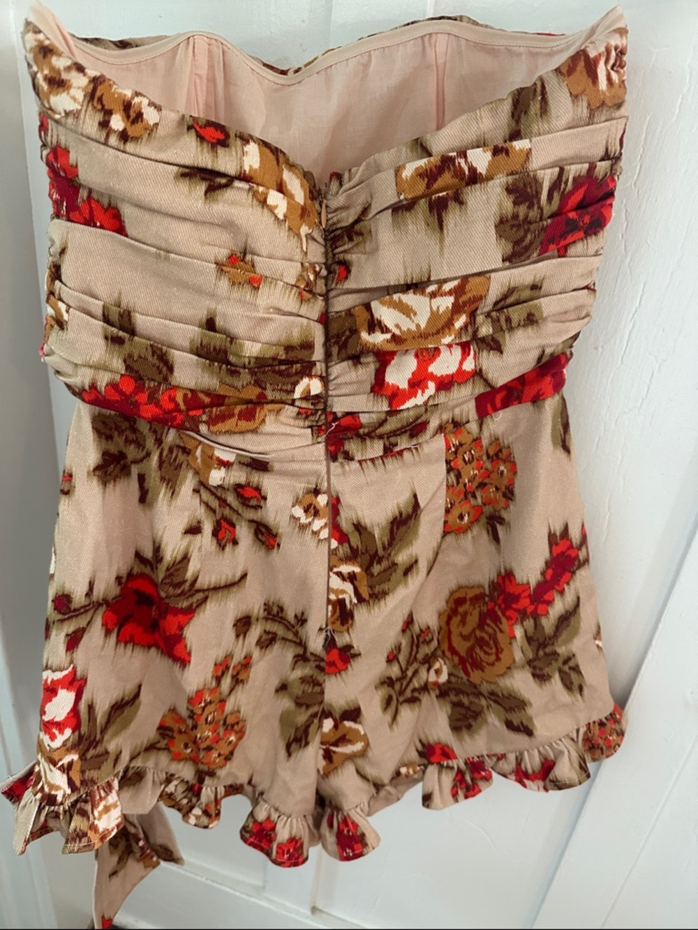 Olivaceous Strapless Floral Tie-Waist Romper in Beige and Orange - Picture 4 of 9